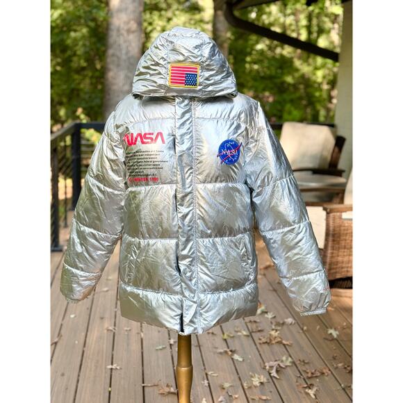 NASA Silver Puffer Jacket by Sen Li Lang Unisex Hooded Metallic Space Coat L - Picture 1 of 12